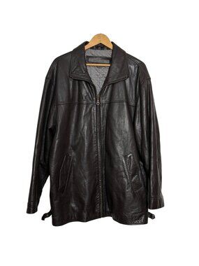 VTG Le Collezioni Structure Mens Large Brown Leather Jacket Pockets Zip Up Coat